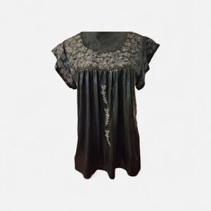 Savanna Jane L Embroidered Black Shiny Flowy Top Whimsigoth Fairy Grunge Boho